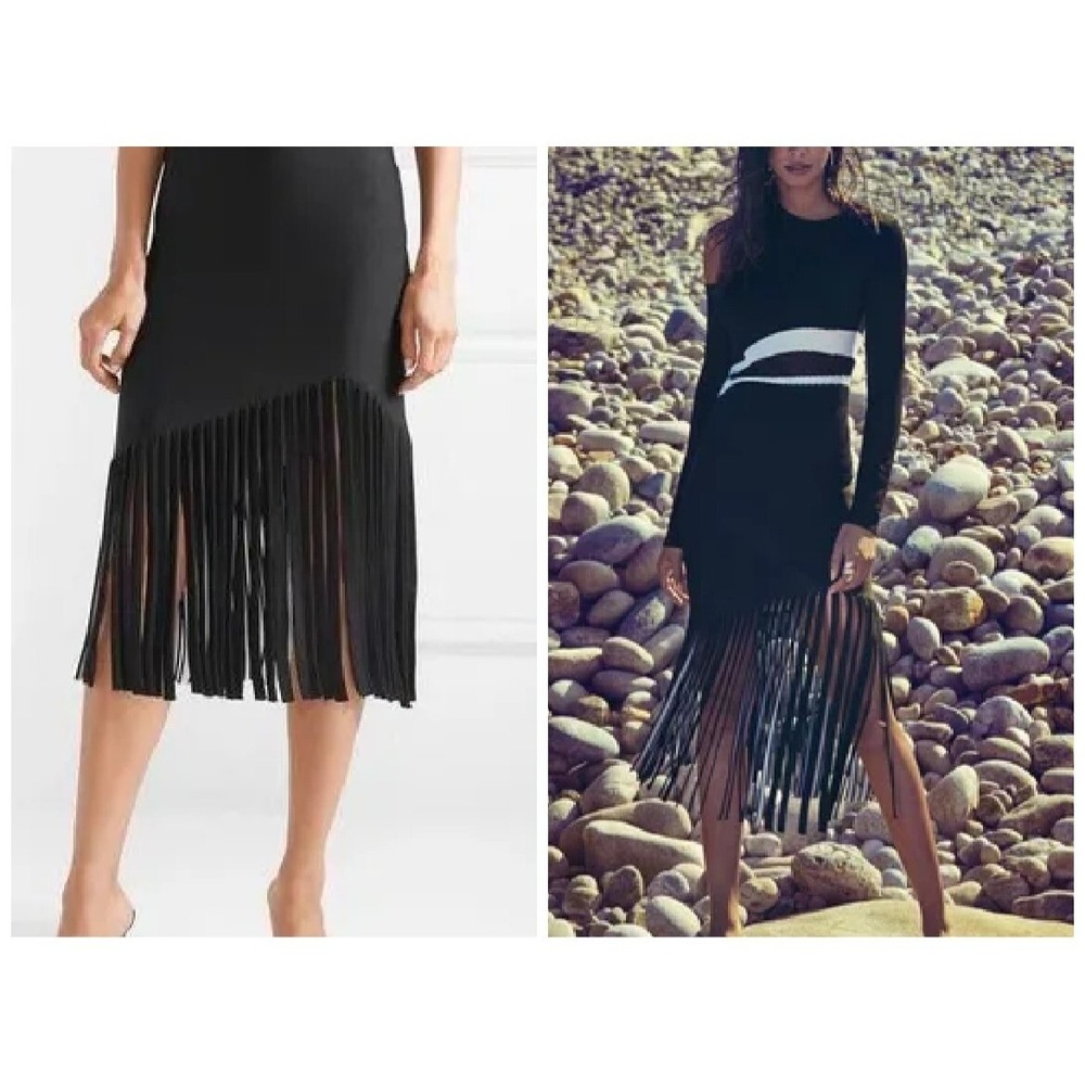 Cushnie Et‎ Ochs Black Marvella high-waist fitted crepe midi skirt fringed hem M